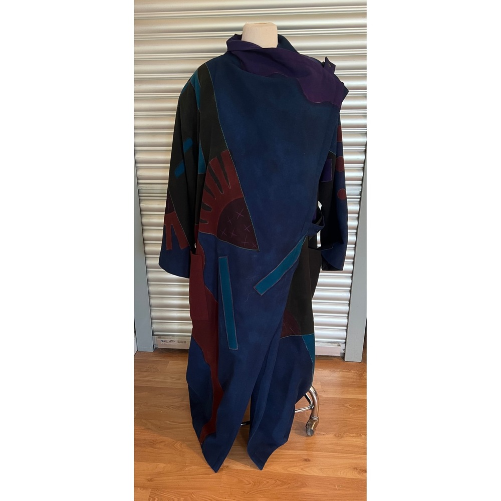 Holly Badgley Art to Wear Wool Coat Abstract Geometric Patchwork Duster Blue ML